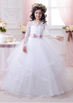 Long Sleeves White Lace Tulle Classic Flower Girl Dress